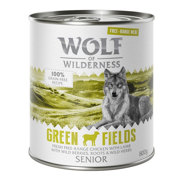 10 € Rabatt sichern! Sparpaket Wolf of Wilderness 24 x 800 g Senior Green Fields - Freiland-Lamm & Freiland-Huhn